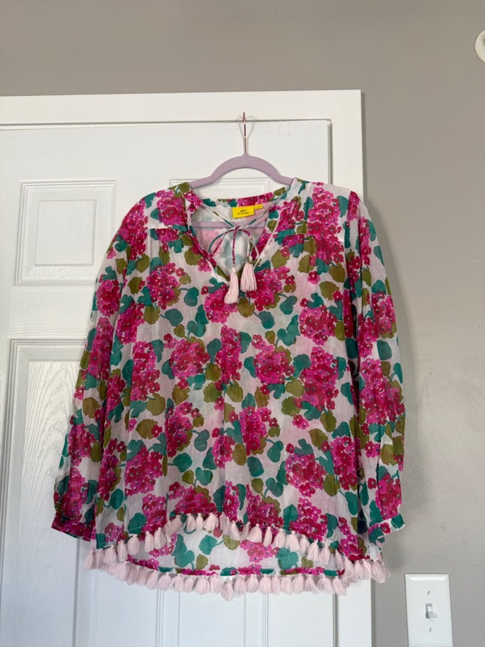 Roller Rabbit Pink Floral Tassel Hem Fringe Blouse Top